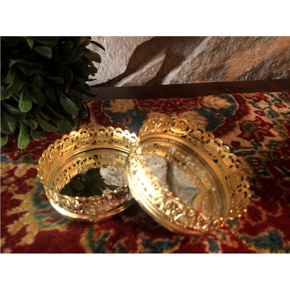 Vintage Mini Gold Tone Filigree Mirror Vanity Tray Small Round MCM 3.25" EC